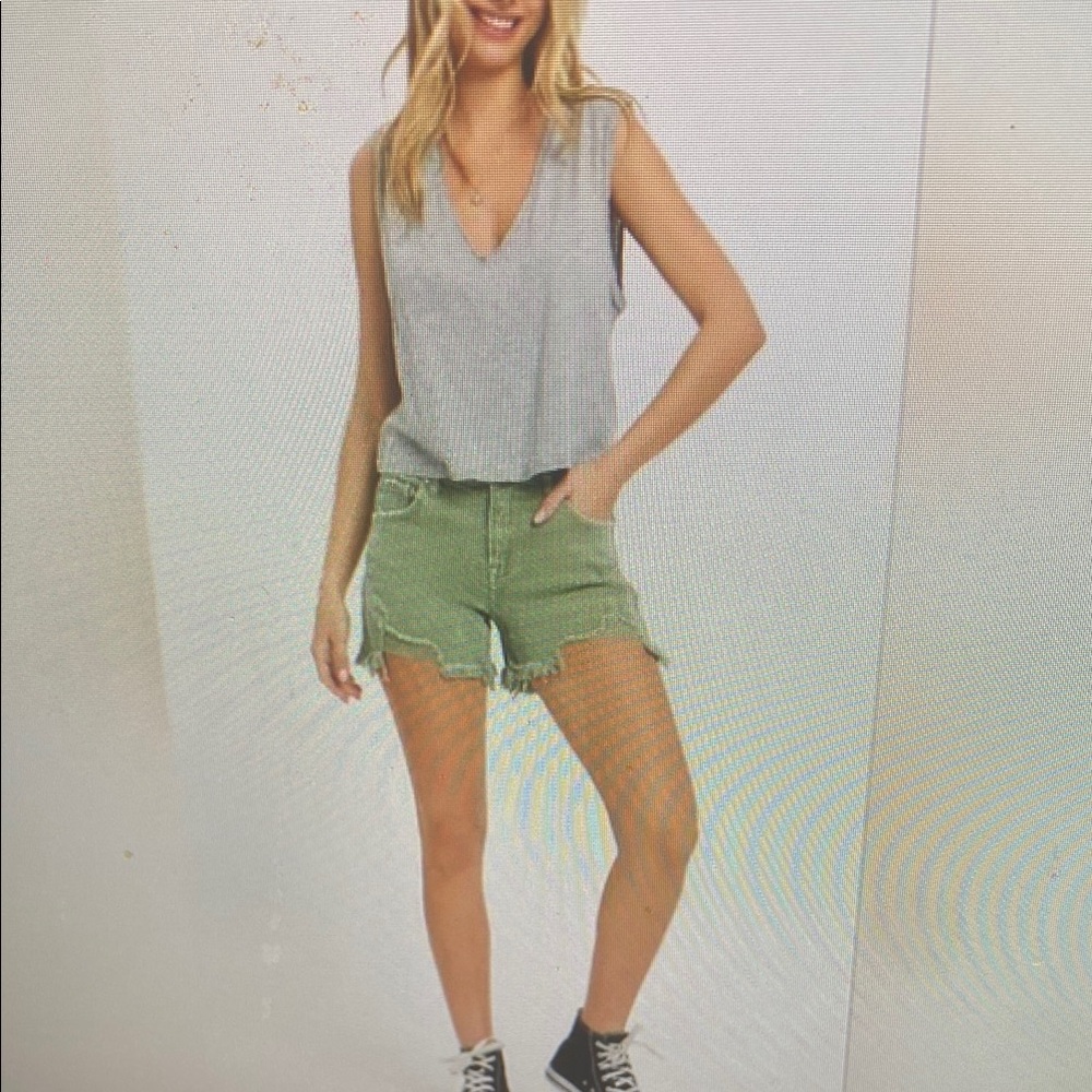 Risen Mid Rise Frayed Hem Olive Denim Shorts Distressed Cut Off Stretch XL NWT